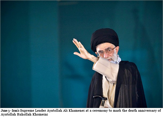 Iran's Supreme Leader Ayatollah Ali Khamenei waves to his supporters before speaking at a ceremony to mark the death anniversary of the Islamic Republic founder Ayatollah Ruhollah Khomeini at Khomeini's shrine in southern Tehran June 3, 2008 Ali-Khamenei.jpg