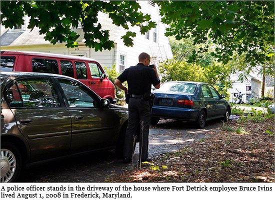 A police officer stands in the driveway of the house where Fort Detrick employee Bruce Ivins lived August 1, 2008 in Frederick, Maryland. Earlier this week Ivins, a former researcher at the Army Medical Research Institute of Infectious Diseases, committed suicide after learning investigators were going to charge him with the 2001 anthrax attack Bruce_Ivins.jpg