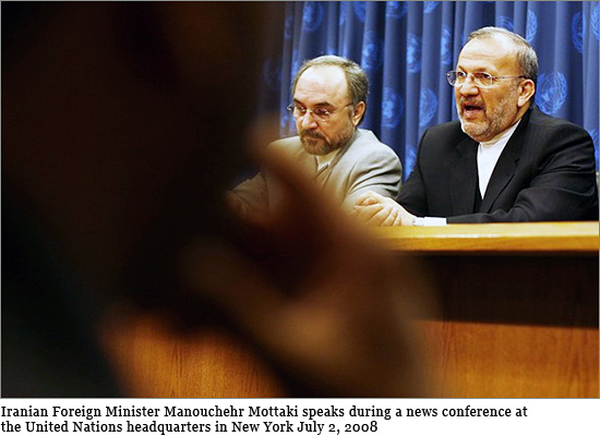Iranian Foreign Minister Manouchehr Mottaki speaks during a news conference at the United Nations headquarters in New York July 2, 2008 Manouchehr.jpg