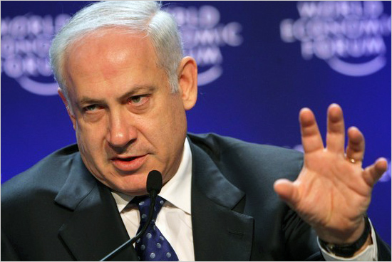 Leader of the Likud Party in Israel Benjamin Netanyahu, gestures as he speaks during a session at the World Economic Forum in Davos, Switzerland, on Thursday Jan. 29, 2009. Netanyahu.jpg