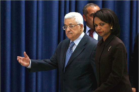 Mahmoud Abbas, escorted Secretary of State Condoleezza Rice to a joint press conference after their lengthy meeting in the Palestinian Authority's headquarters in Ramallah, in the West Bank abbas_condi.jpg