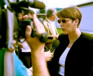 HEBREW FIRST: File photo of Limor Livnat speaking to the media in the United States in 2000: "In these times, when there are radical groups of Israeli Arabs trying to turn the State of Israel into a bi-national state, it is most urgent to put into law the unique status of the language of the Bible – the Hebrew language," Livnat has argued. (Newscom) arabic.jpg