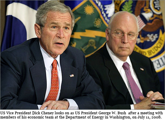 US Vice President Dick Cheney (R) looks on as US President George W. Bush talks to the media after a meeting with members of his economic team at the Department of Energy in Washington, DC on July 11, 2008. bush_dittatore.jpg