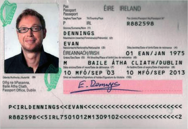 The passport copy of a man identified by Dubai authorities as Evan Dennings of Ireland is seen in this handout picture released by Dubai police February 24, 2010 israel_dubai.jpg