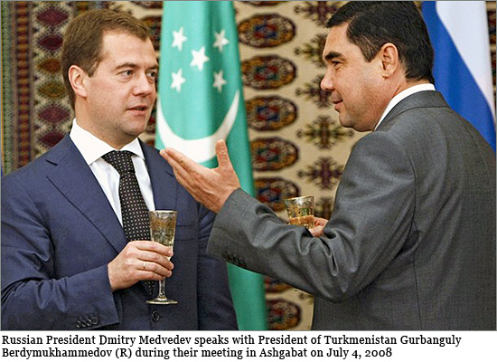 Russian President Dmitry Medvedev (L) speaks with President of Turkmenistan Gurbanguly Berdymukhammedov (R) during their meeting in Ashgabat on July 4, 2008 gazprom.jpg