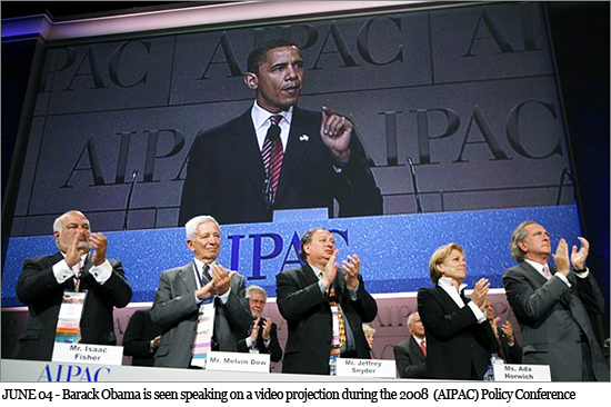 JUNE 04 - Barack Obama is seen speaking on a video projection during the 2008 israelus.jpg