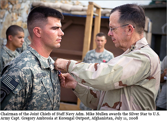 Chairman of the Joint Chiefs of Staff Navy Adm. Mike Mullen awards the Silver Star to U.S. Army Capt. Gregory Ambrosia at Korengal Outpost, Afghanistan, July 11, 2008 mullen1.jpg