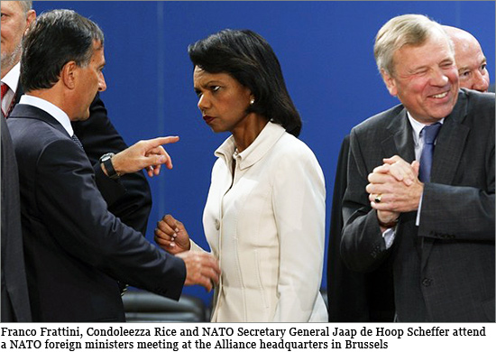 Franco Frattini, U.S. Secretary of State Condoleezza Rice and NATO Secretary General Jaap de Hoop Scheffer attend a NATO foreign ministers meeting at the Alliance headquarters in Brussels nato1.jpg