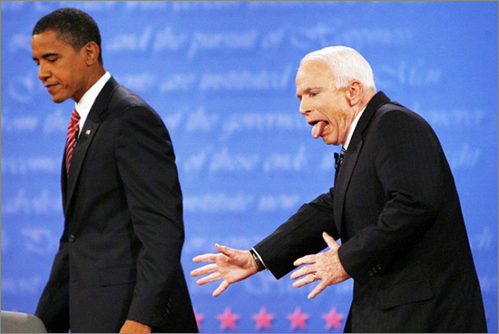 US Republican presidential nominee Senator John McCain (R-AZ) reacts to almost heading the wrong way off the stage after shaking hands with Democratic presidential nominee Senator Barack Obama (D-IL) at the conclusion of the final presidential debate at Hofstra University in Hempstead, New York, October 15, 2008. new_dollar.jpg