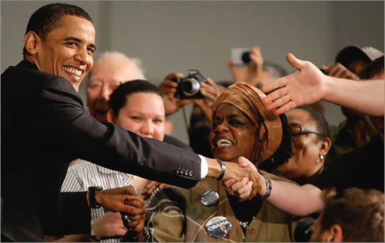 Mr. Obama greeted supporters at his rally at the Charleston Civic Center. Speaking before a crowd heavily populated by military veterans, the Illinois senator assailed the Bush administration's treatment of returning troops and said the country needed to do more to help its veterans. obama_1.jpg
