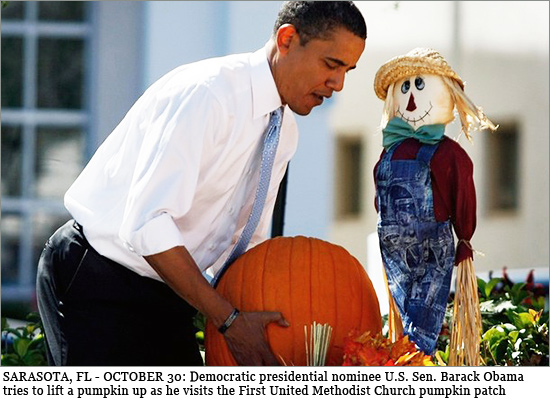 SARASOTA, FL - OCTOBER 30: Democratic presidential nominee U.S. Sen. Barack Obama (D-IL) tries to lift a pumpkin up as he visits the First United Methodist Church pumpkin patch October 30, 2008 in Sarasota, Florida. With less than a week to go before Election Day, Sen. Obama continues to campaign in battleground states. obama_war.jpg
