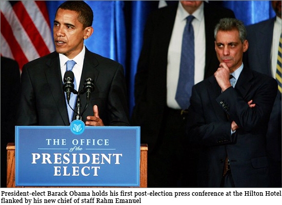 Obama holds his first post-election press conference at the Hilton Hotel flanked by his new chief of staff Rahm Emanuel (R) November 7, 2008 in Chicago, Illinois. The Press conference followed a meeting with his Transition Economic Advisory Board. profezie.jpg