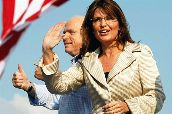 US Republican presidential candidate John McCain (R) introduces his running mate Alaska Governor Sarah Palin at a campaign rally at T.R. Hughes Ball Park in O'Fallon, Missouri on August 31, 2008. The GOP has announced it will suspend most of Monday's Republican National Convention (RNC) activities in Saint Paul, except for what is required by the rules that govern the RNC, as hurricane Gustav heads towards New Orleans republican_convention.jpg