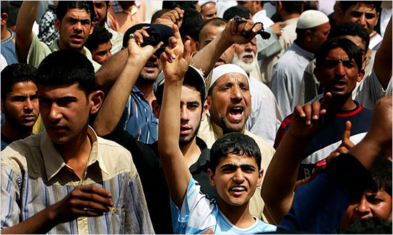 Supporters of Mr. Sadr shouted slogans in Sadr City. The battles, along with indications in recent weeks that militia and insurgent attacks had already been creeping up, raised fears across Iraq that Mr. Sadr could pull out of a cease-fire he declared last summer. If his Mahdi Army militia does step up attacks, that could in turn slow American troop withdrawals. sadr.jpg