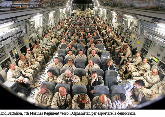 U.S. Marines with 2nd Battalion, 7th Marines Regiment wait aboard a C-17 Globemaster III aircraft at Manas Air Base terrorista.jpg