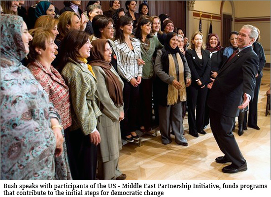 US President George W. Bush (R) speaks with participants of the US - Middle East Partnership Initiative during a group photo opportunity before meetings at the Eisenhower Executive Office Building adjacent to the White House in Washington, DC, on October 23, 2008. The initiative funds programs that contribute to the initial steps for democratic change. The group includes participants from Yemen, Algeria, Bahrain, Jordan, Lebanon, Morocco, Qatar, Saudi Arabia and the United Arab Emirates. us_iran.jpg